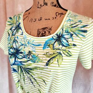 Embellished Light Green White Stripe Short Sleeve Shirt Blue Flowers Beads Sz PS